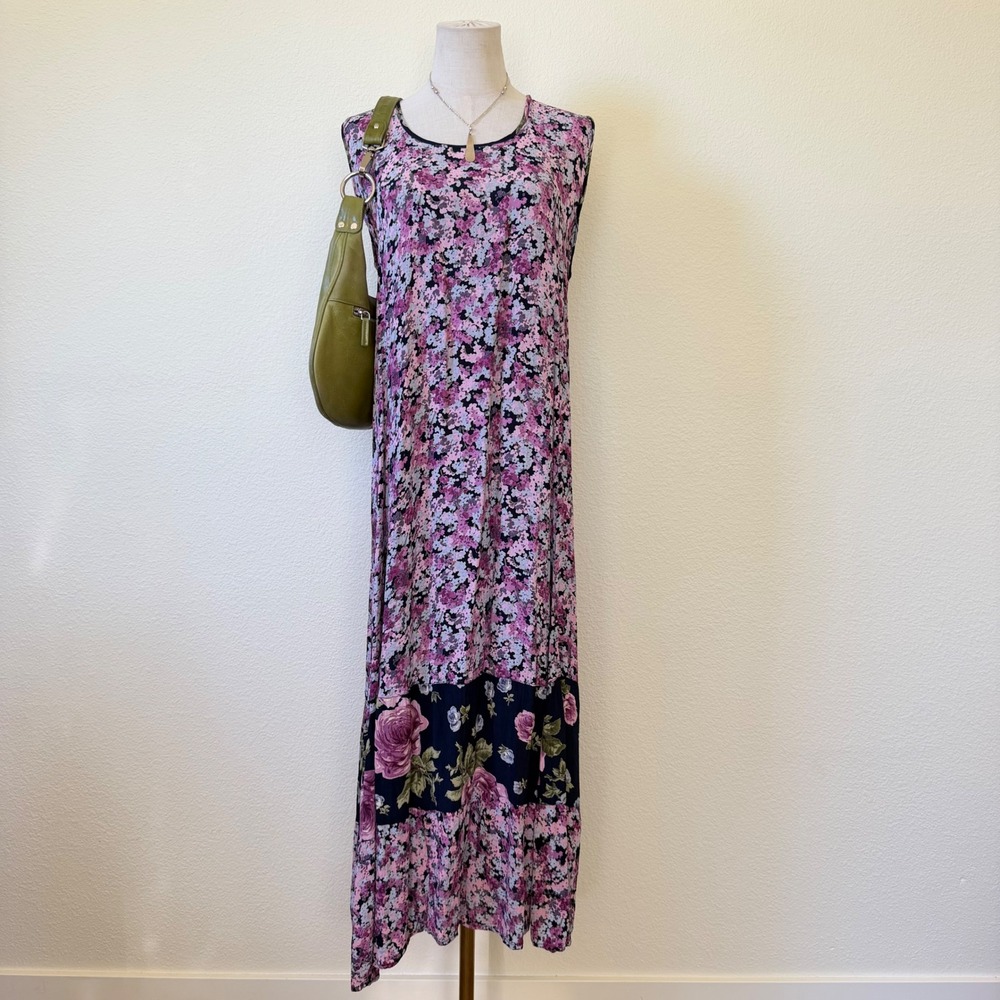 Nostalgia 90s Floral Rayon Maxi Dress Pink Navy Sleeveless Boho Romantic M